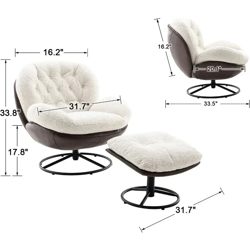 Modern Faux Fur Accent Chair with Ottoman, Lounge Armchair with Footrest and Sturdy Base for Living Room