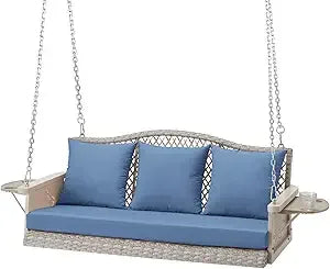 Upgraded Wicker Hanging Porch Swing, Heavy Duty 900 LBS 3-Seat Outdoor Patio Swing Chair Bench, for Adult w/ 8.9ft Hanging Chain