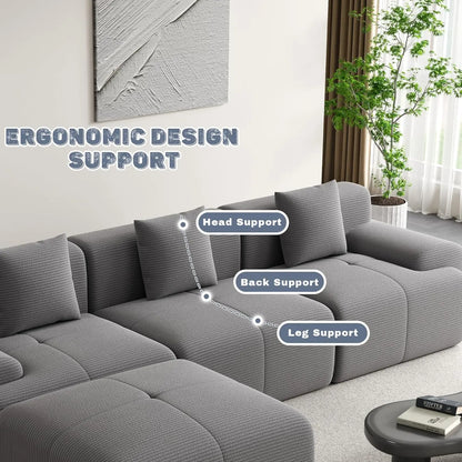 120" Cloud Modular Sectional Couch,Boneless Sofa,L-Shape Upholstered Sofas with Deep Seat,Modern Cozy Corduroy, Customized
