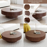 Round Modern Fluted Walnut Coffee Table, Unique Tea Table, Contemporary Drum Circle Accent Center Table for Living Room