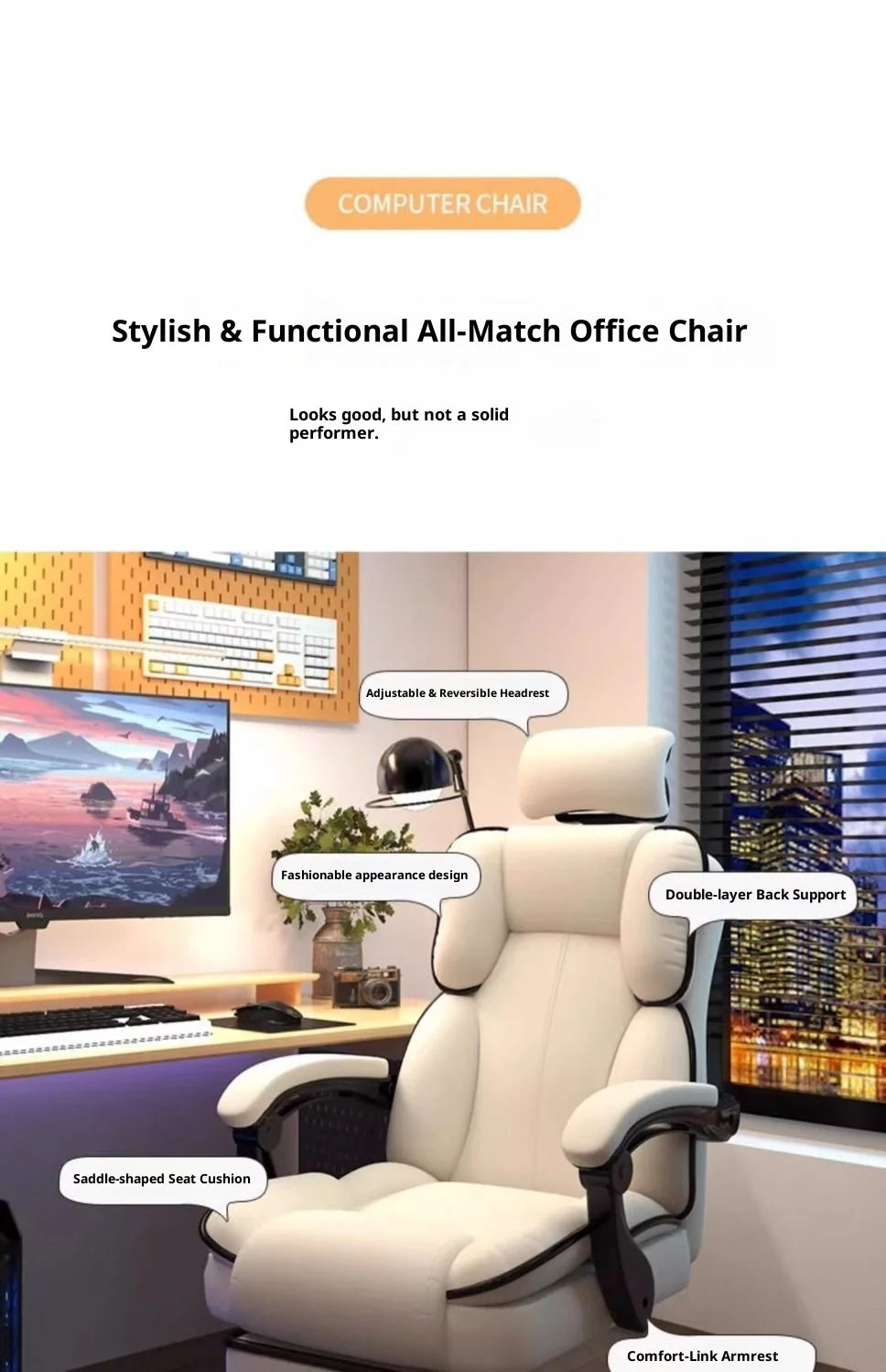 Ergonomic Office Chair Gaming High Back Computer Desk Chair Adjustable Lumbar Support Reclining Swivel Armrest Home Sillas