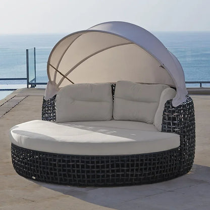 Outdoor leisure rattan sofa queen bed rough rattan recliner round bed combination with canopy round rattan awning lying outside