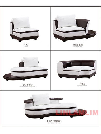 Modern Luxury Genuine Leather Sectional Sofa Set with Speaker and USB, U-Shaped Design Living Room Couch with Storage Shelves