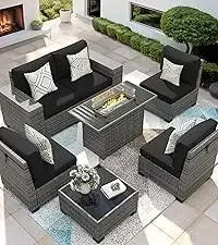 QAZ8-7 Piece Patio Furniture Set Fire Pit Table. Outdoor Conversation Sets Wicker Rattan Sectional Sofa with Coffee TSZ