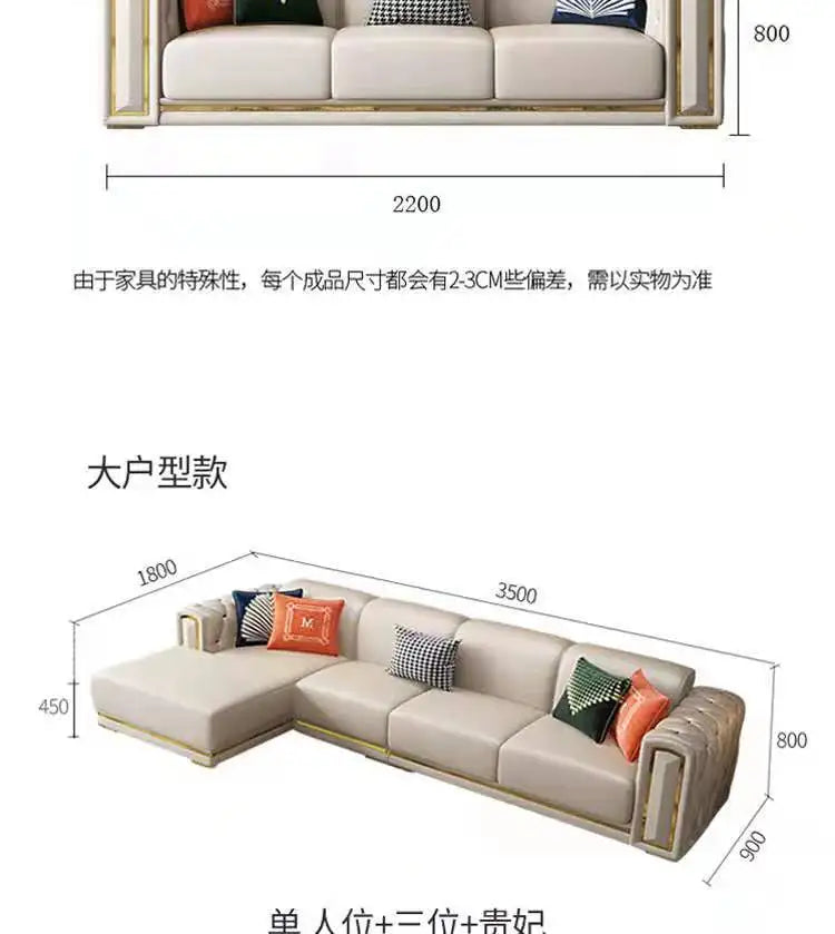 Italian light luxury sofa living room leather sofa first layer cowhide buckle design luxury combination sofa size apartment