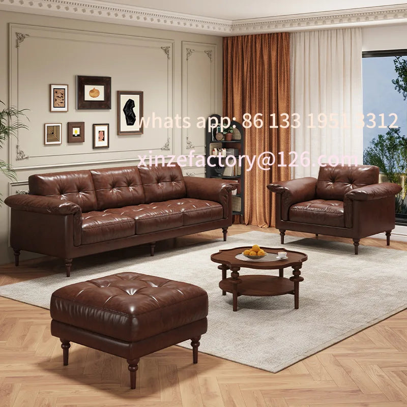 Customizable American sofa Italian retro oil wax leather straight row steel frame down medium ancient Nanyang style first layer