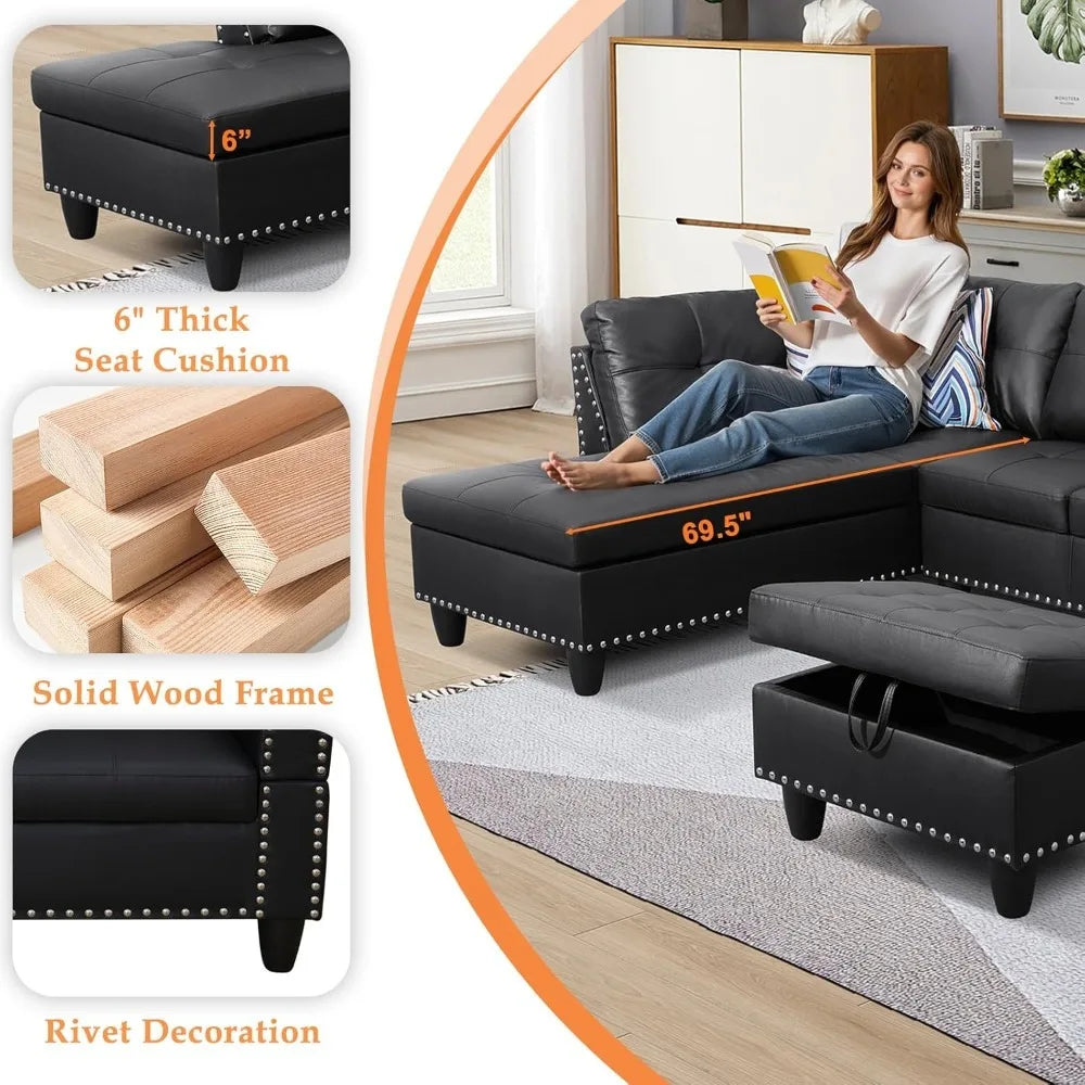 modern 4-seaters living room furniture sets with chaise lounge, ottoman & 2 pillows | l shape couch