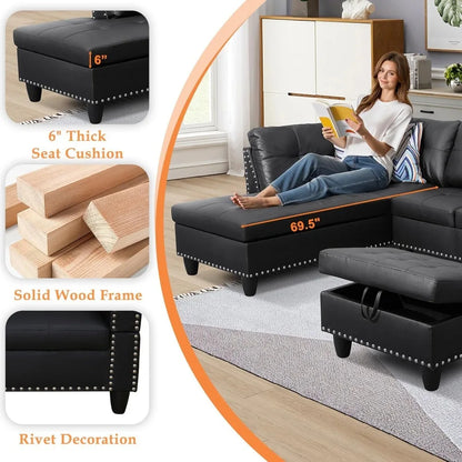 modern 4-seaters living room furniture sets with chaise lounge, ottoman & 2 pillows | l shape couch
