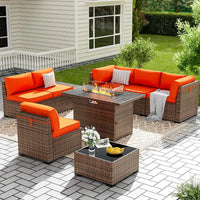 8 Pieces Outdoor Furniture Sectional Rattan Sofa with Fire Pit Table, Patio Couch with Glass Coffee Table for Backyard Garden