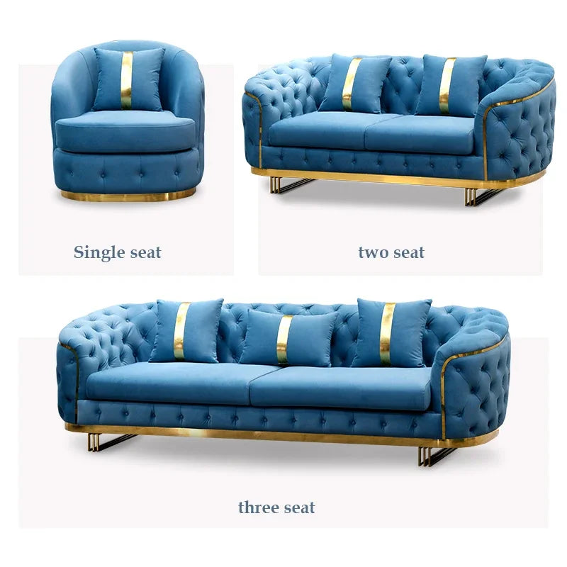 -Luxury Gold Legs Stainless Steel Blue Button Tufted Velvet Chesterfield Sofa Set 3 2 Seater SofaLiving Room Couch Set Furniture