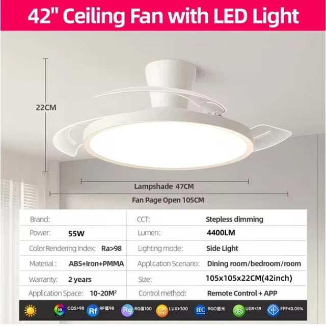Ultra Thin Ceiling Fan lamps Retractable Fan Blade with Remote Control Fan for Room Bedroom Living Room Led Lighting AC95-260V