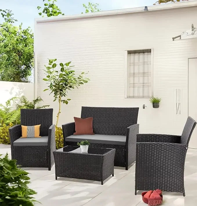 Patio Outdoor Furniture 4 Pieces Sectional Sofa Set Balcony Furniture Wicker Rattan Chairs with Table and Loveseat for Garden