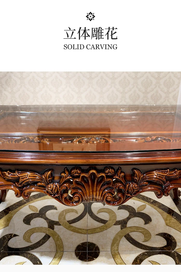 European-style all-solid wood dining table and chairs, living room, luxury villa home square table, French glass dining table