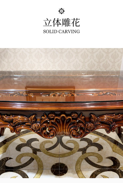 European-style all-solid wood dining table and chairs, living room, luxury villa home square table, French glass dining table