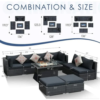 8-Seater Outdoor Patio Sectional Set with Dual Firepit Table, 29.3'' High Back Wicker Seating