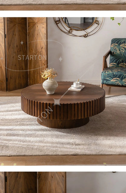 Modern Wooden Coffee Table Round Black with Solid Wood Veneered, Circle Center Table Accent Tea Table for Living Room Apartment