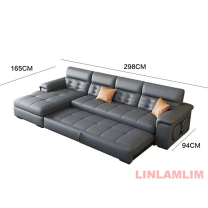 MANBAS Sectional Sofa Bed with Storage, Genuine Leather Reclining Couch, Space-Saving Convertible Sleeper Sofa for Living Room