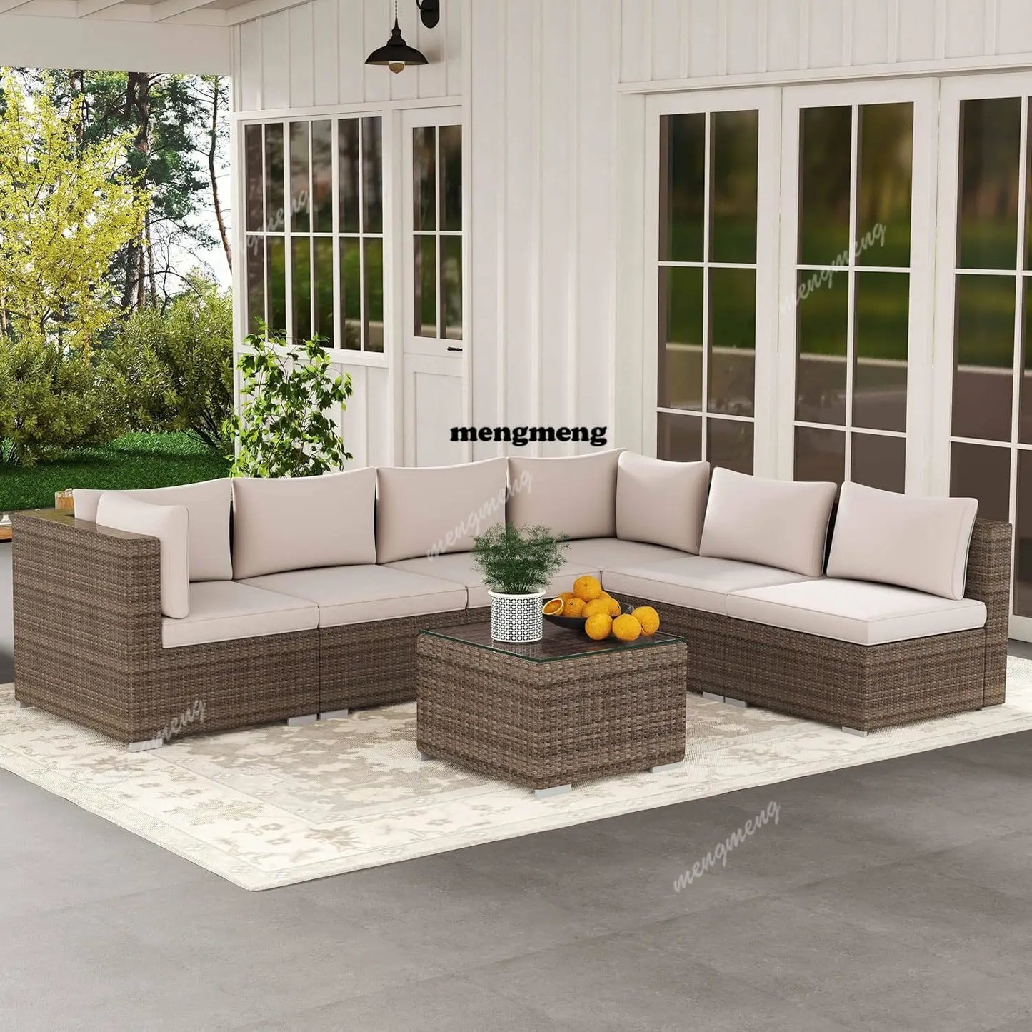 7-Piece Outdoor Patio Furniture Set, Outdoor Couch - Handwoven All-Weather Rattan & 4” Thick Waterproof Cushions,, Customized