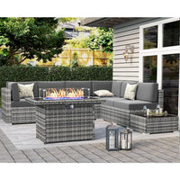 8-piece outdoor patio furniture set with fire pit and wicker rattan sectional sofa with coffee table