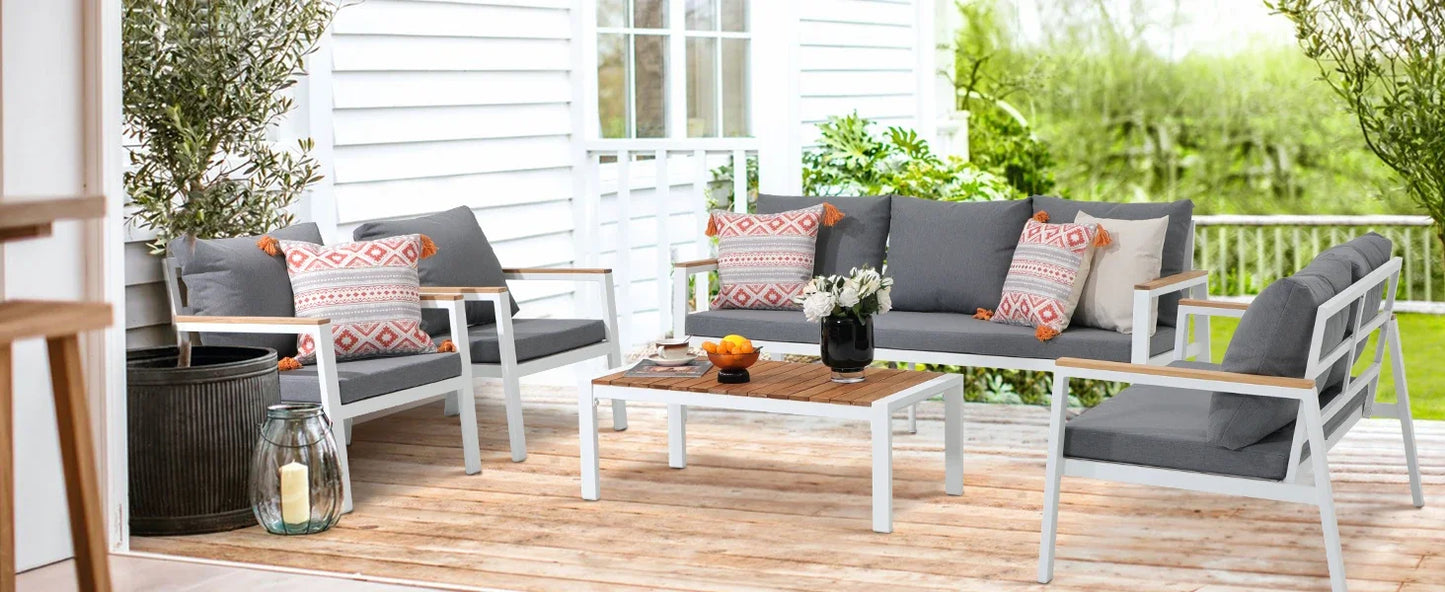 Patio Furniture Set 5 Pieces with Teak Coffee Table & Cushion, Outdoor Patio Furniture Sectional Patio Sofa