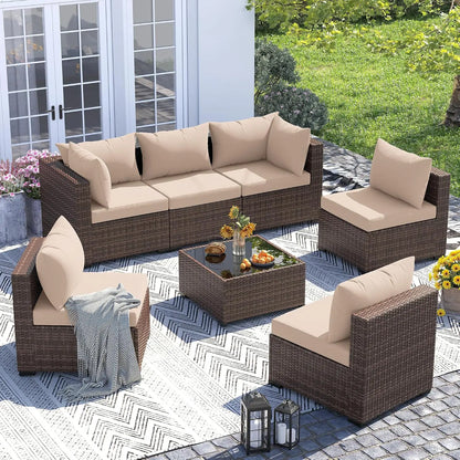Furniture Set, 7 Piece Sectional Sofas with Wicker Coffee Table, Conversation for Garden, Backyard, Dark Grey, Customized