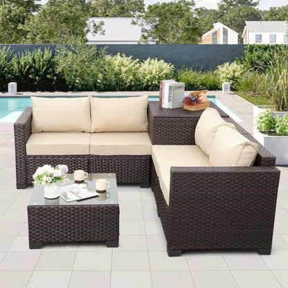 4-Piece Outdoor Brown Wicker Sectional Sofa Set with Storage Table and Khaki Cushions