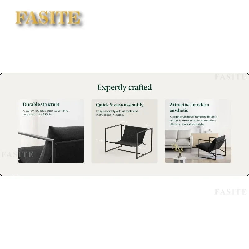 Aidan Sling Accent Chair / Metal Framed Armchair with Shredded Foam Cushioning, Oatmeal Chairs Living Room