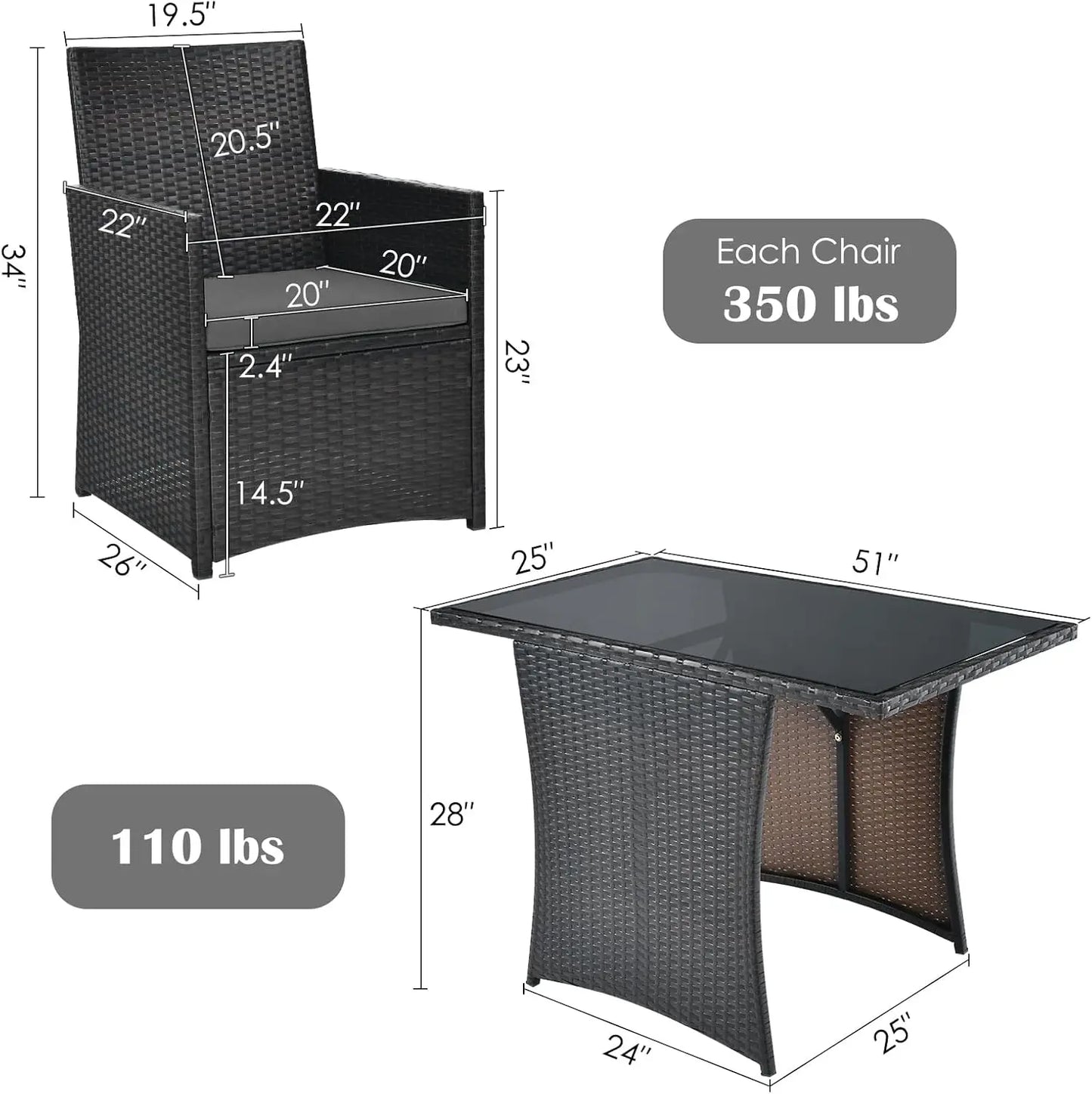 3-Piece Outdoor Rattan Bistro Set with Cushions, Glass Top, Grey