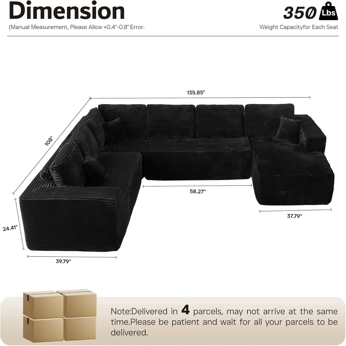 U Shaped Sofa Boneless Couch with Chaise 135
