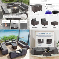 [Free ShippingBuy Now!]13-piece outdoor patio furniture set with 43" 55,000 btu gas propane fire pit table, wicker rattan sectio