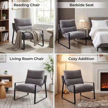 Modern Linen Accent Armchair Upholstered Living Room Chair with Metal Base Thickened Cushion Grey