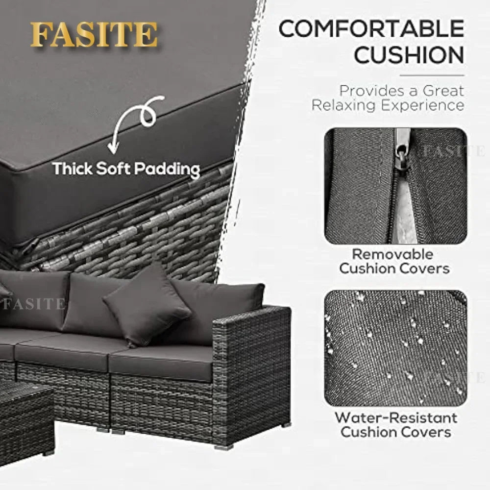 6 Piece Patio Furniture Set  Wicker All Weather PE Rattan Sectional Sofa Set, and Tempered Glass Table,Mixed Gray and Charcoal