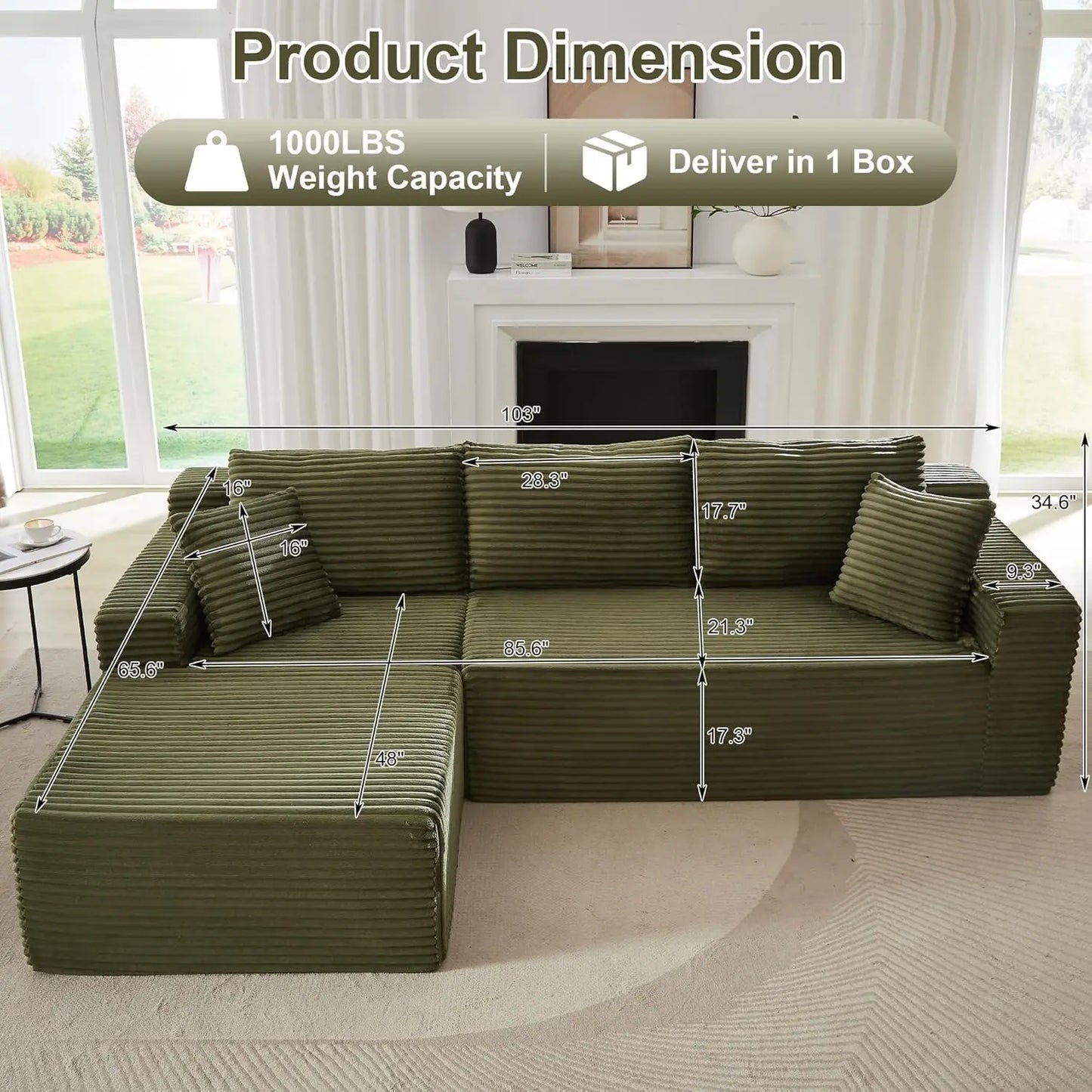 118" Compressed Sofa for Living Room L Shaped Boneless Couch, Modular Sectional Sofa, Sofa Bed Memory Foam Couches with Chaise