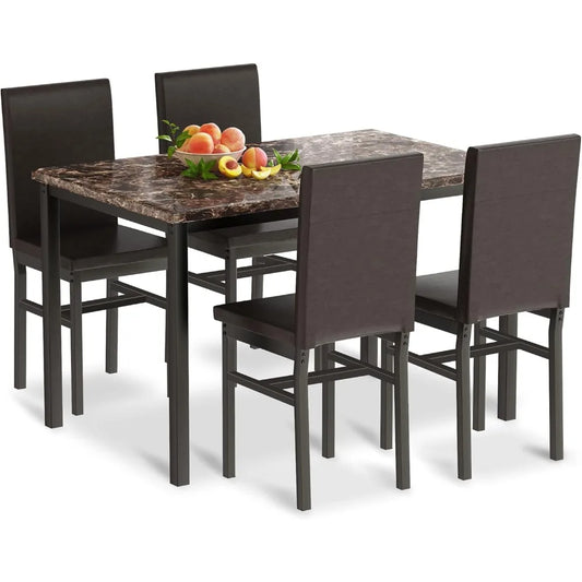 4-piece Dining Table and Chair Set, 5-piece Modern Dining Room Dining Table Set with Faux Marble Top and PU Leather Chairs