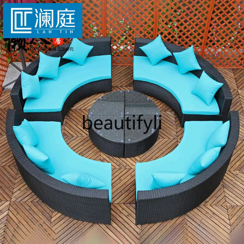 Modern Imitation Rattan Round Sofa Set Outdoor Garden Patio Rattan Woven Sofa Leisure Balcony Rattan Chair Furniture