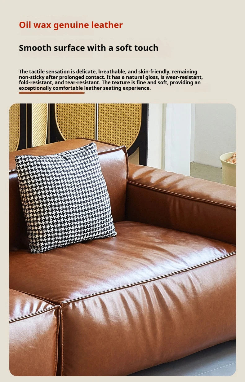 French Vintage Three-Person Genuine Leather Sofa Set in Ancient Caramel Tone for Small Living Rooms or Apartments