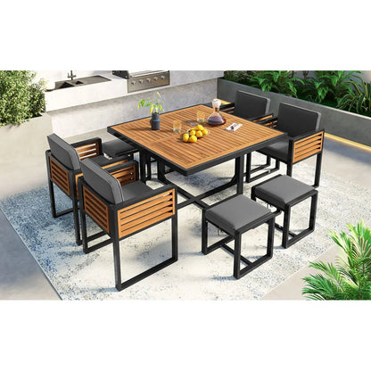 9-Pieces Acacia Wood Patio Dining Set, Space Saving Outdoor Patio Set, 4 Cushioned Chairs & 4 Ottomans & 1 Square Table