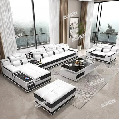 Luxury Italian Genuine Leather Sectional Sofa Set With Bluetooth Speaker And USB Ports Cow Leather Divano Living Room Furniture