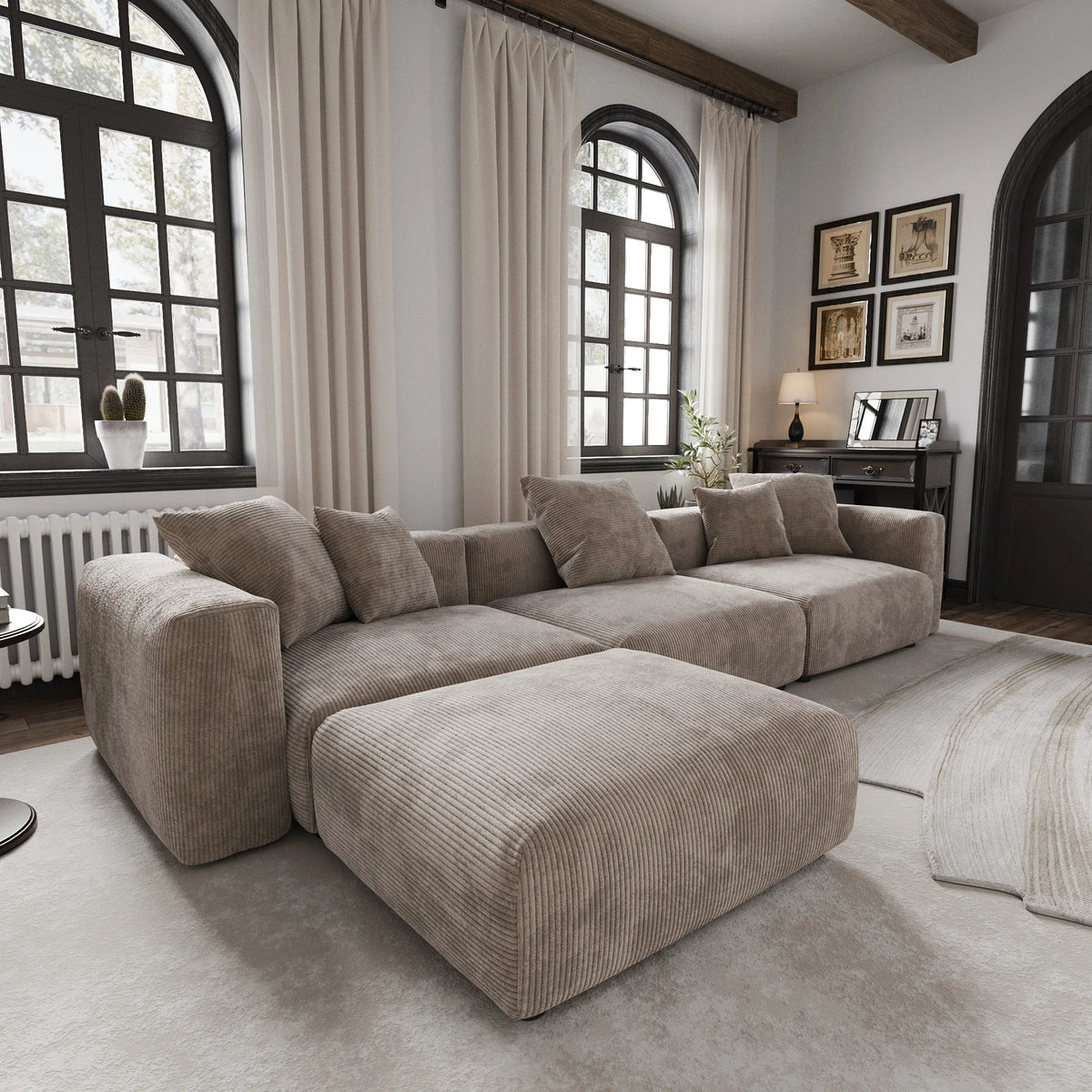 Sdorens 141.73'' L Shape Sectional Sofa Corduroy Fabric Couches Oversized 3 Seater Couch with 1 Ottomans for Living Room Set