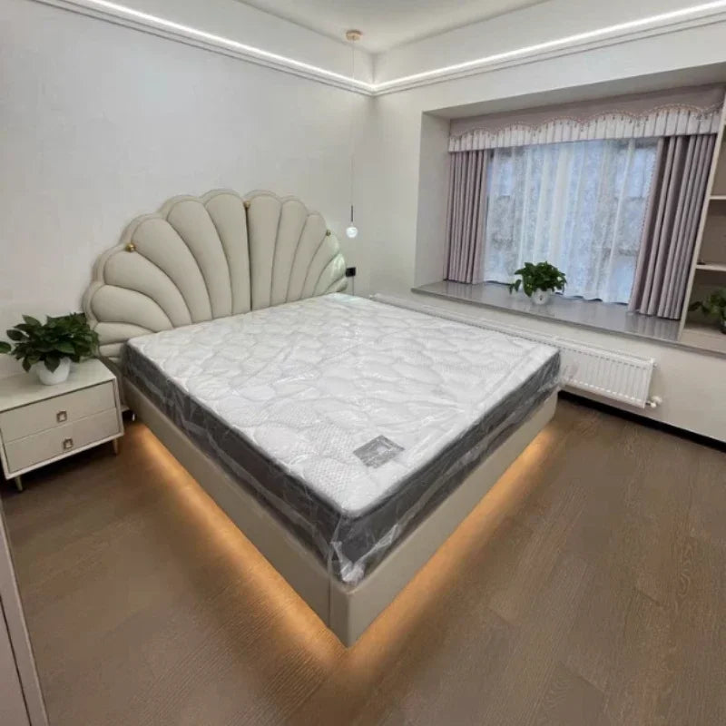 Luxury Beds 2 People Frame Floating Light Luxury Leather LED Lamp Double Bed Pink And Blue Queen Bed Frames Bedroom Furniture