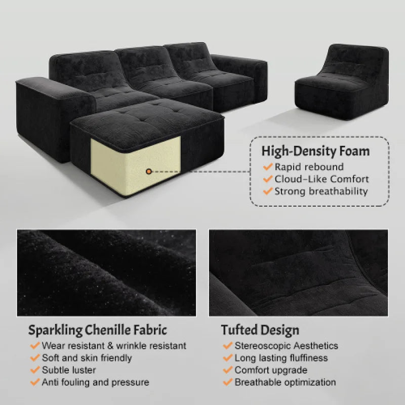 U-Shaped Sectional Sofa, Convertible Modular Couch with Double Chaise, 4-Seater Living Room Furniture, Black