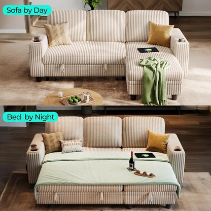 Convertible Plush Corduroy Cloud Couch with Storage Chaise & USB Charging