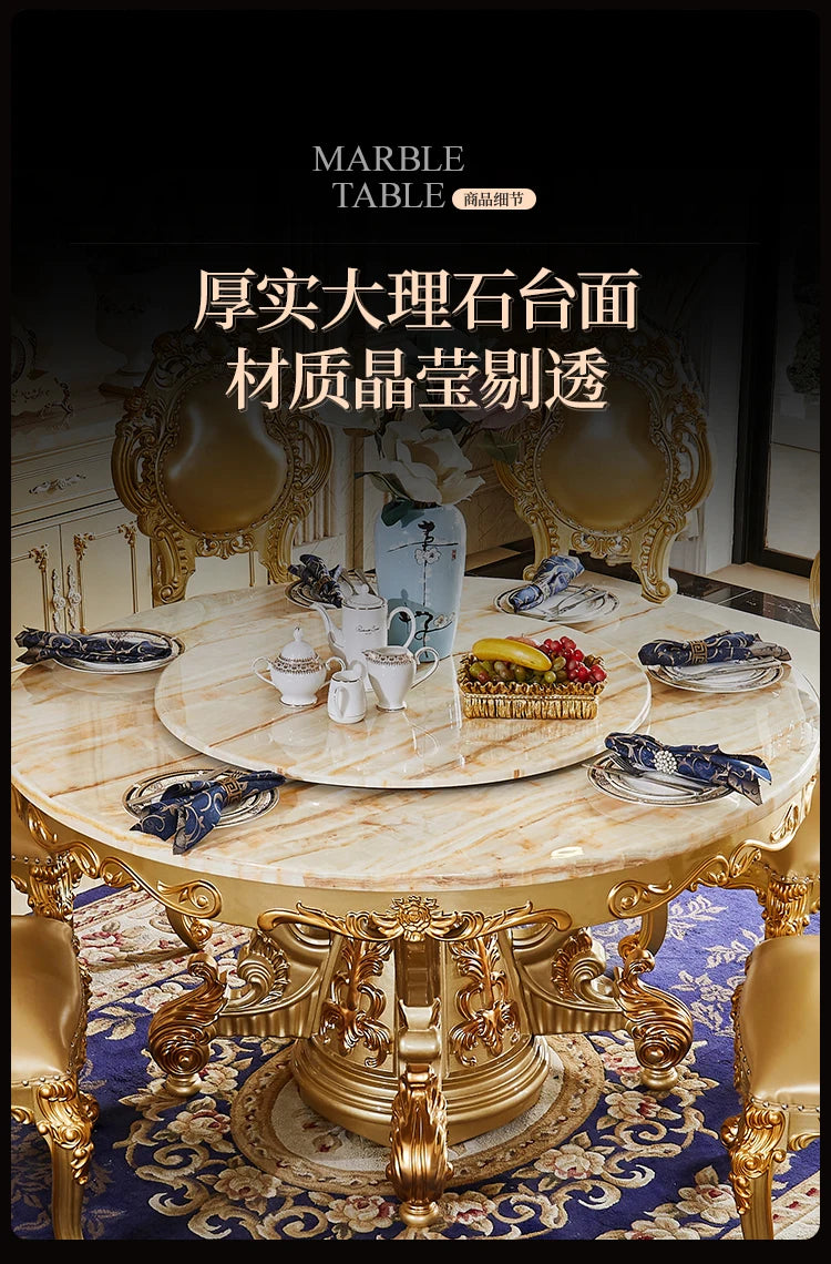 European dining table marble surface full solid wood carving flower home table and chair combination