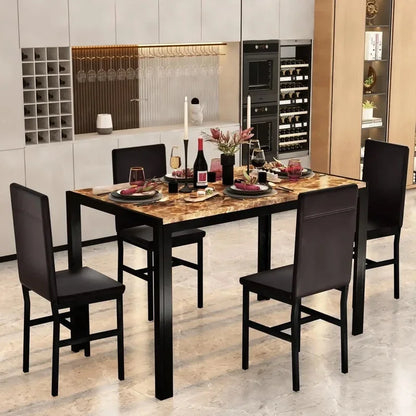 Modern Dining Table Set for 4, Space-Saving Kitchen Table with 4 PU Leather Chairs