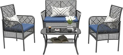 4 Pieces Outdoor Patio Furniture Set, PE Rattan Chairs Wicker Furniture with Coffee Glass Table and Soft Cushions, Outdoor Seati