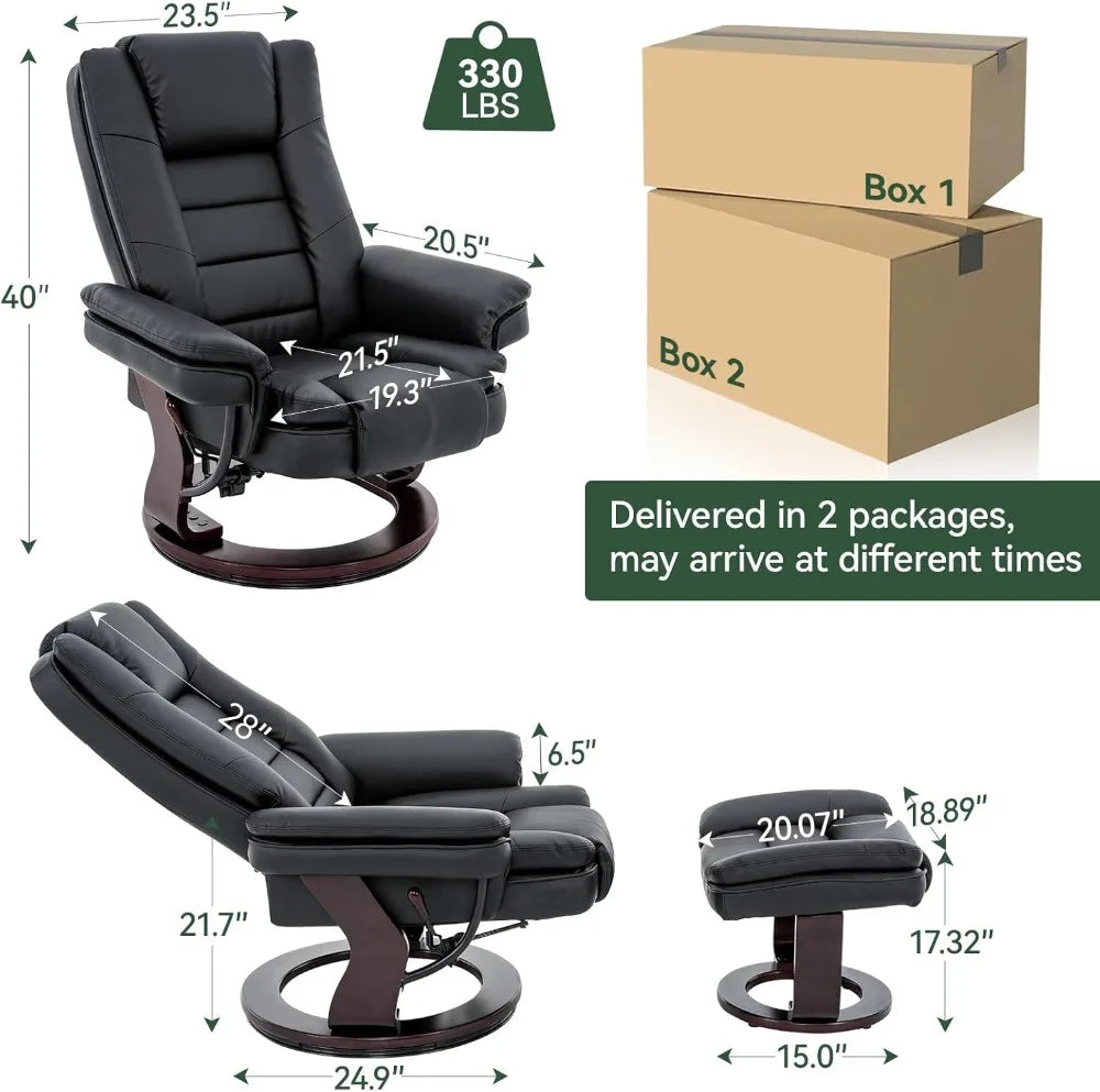 Modern Swivel Recliner Chair with Ottoman, Adjustable PU Leather, Thick Padded Cushion for Living Room, Bedroom
