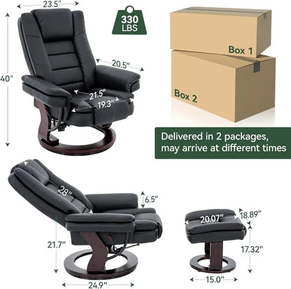 Modern Swivel Recliner Chair with Ottoman, Adjustable PU Leather, Thick Padded Cushion for Living Room, Bedroom