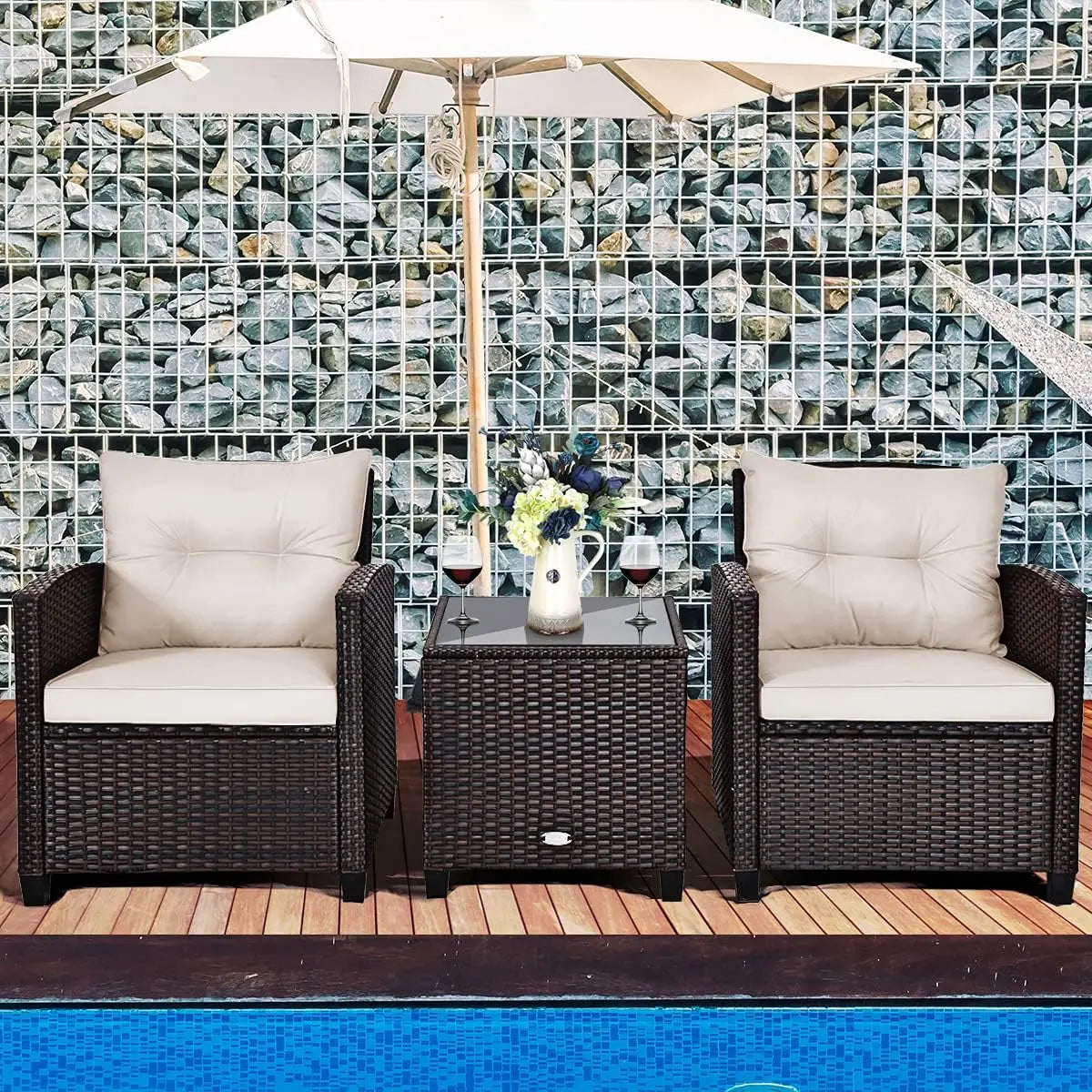 3-Piece Outdoor Patio Furniture Set, PE Rattan Sofa with Washable Cushions & Glass Table, Garden Poolside