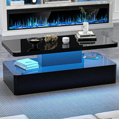 Modern AHB LED Coffee Table for Living Spaces - Glossy Two-Level Design in 16 Vibrant Colors with Rounded Edges