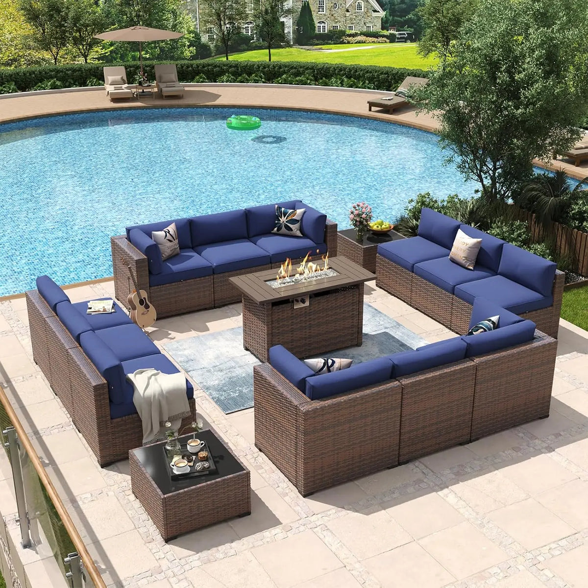8 Piece Patio Furniture Set with 44” Fire Pit Table Rattan Outdoor Sectional Sofa Set with Coffee Table and Thickened Cushions